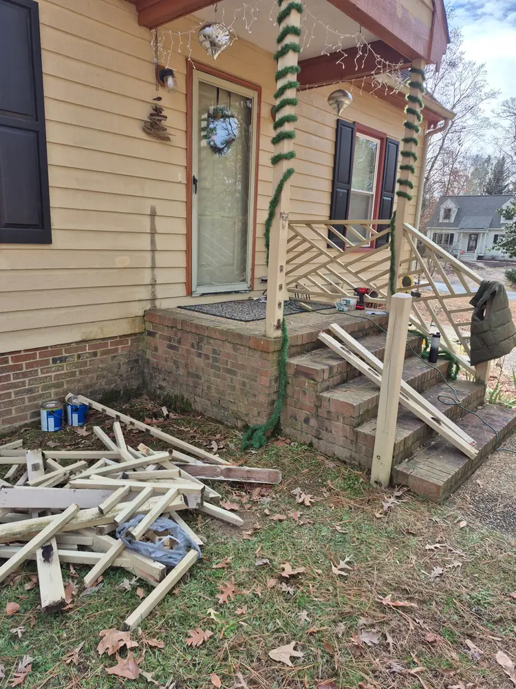 Railing sections cut and dry-fitted on the porch